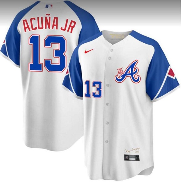 Men's Atlanta Braves #13 Ronald Acuña Jr. White 2023 City Connect Cool Base With Patch Stitched Baseball Jersey Men's Atlanta Braves #13 Ronald Acuña Jr. White 2023 City Connect Cool Base With Patch Stitched Baseball Jersey